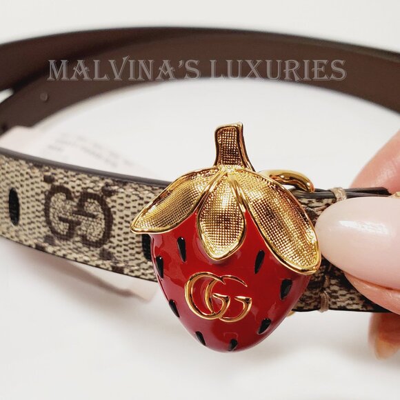 GUCCI BELT GG SUPREME CANVAS STRAWBERRY ENAMEL BUCKLE w DOUBLE G sz 100 / 40 - Picture 7 of 12